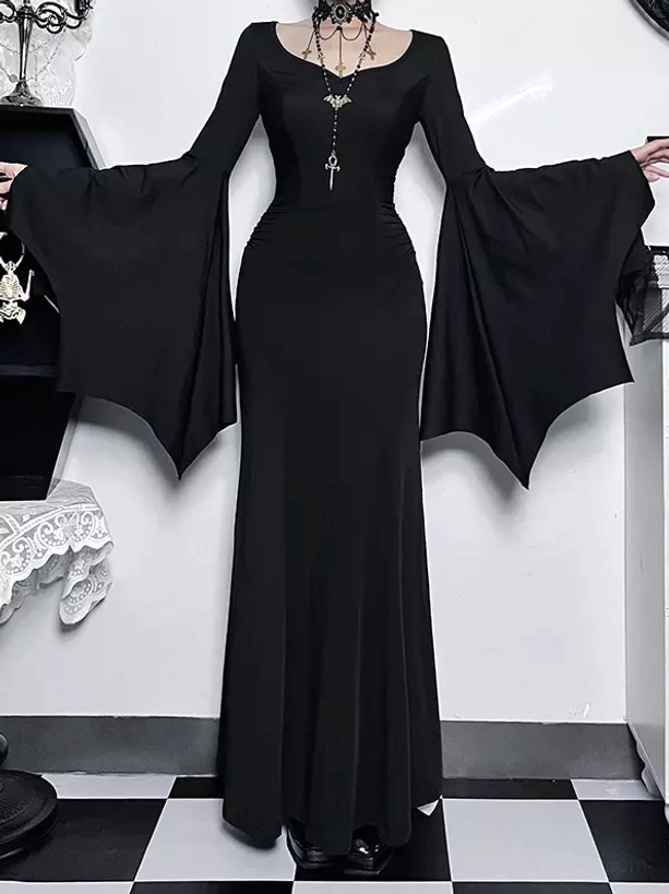 Gothic lolita bat-wing flare sleeve mermaid maxi dress in solid black with fitted silhouette and dramatic bell-shaped sleeves, front full-body view on model