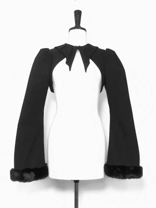 gothic-lolita-cropped-black-coat-front-product-display-mannequin-sharp-pointed-collar-flared-sleeves-faux-fur