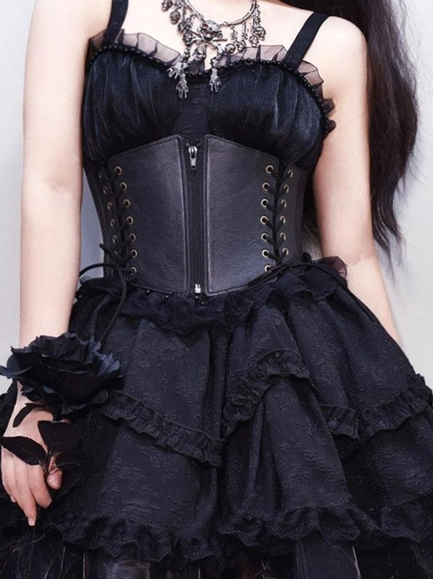 Gothic Lolita black corset belt front view showing lace-up construction and ruffled layered skirt with black rose wrist accessory