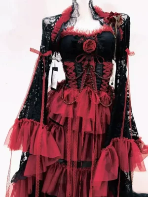 Gothic lolita black corset dress front view with rose bust decoration and tiered ruffle tulle skirt with lace flare sleeves on dress form