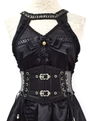 Gothic lolita black corset harness belt with lace trim and buckled design front view on mannequin steampunk accessory