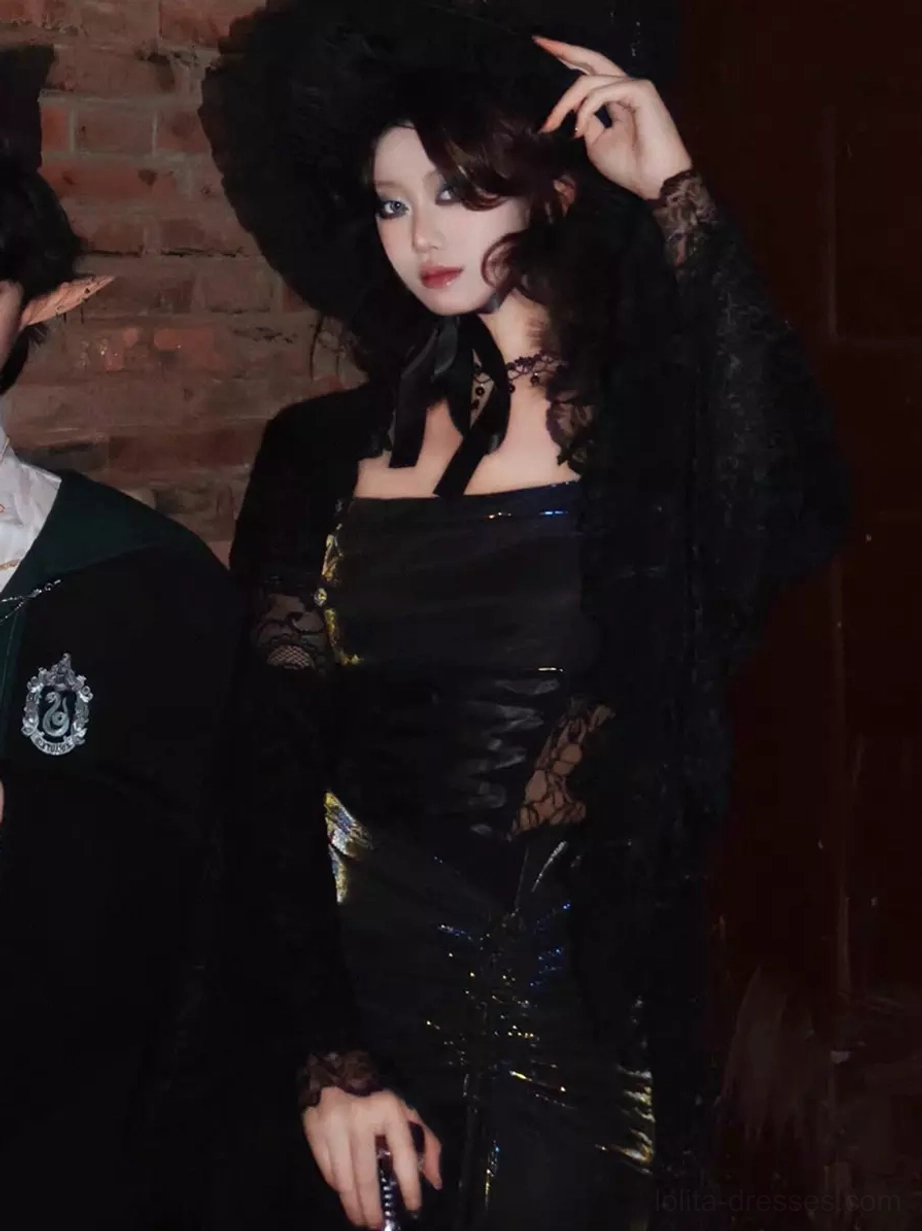 Half-body front view of gothic lolita formal dress with corset bodice and layered lace, velvet texture showcasing dark romantic aesthetic