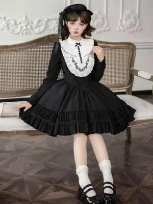 Gothic Lolita dress back view showing fitted waist and cascading ruffled skirt layers, styled with white socks and Mary Jane shoes in vintage sitting room setting