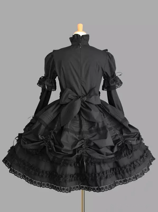 Gothic Lolita dress back view solid black zipper closure large waist bow ruffled lace hem detail