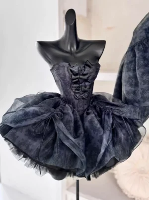 Gothic Lolita black dress strapless lace-up corset front close-up view with ruffled organza skirt details