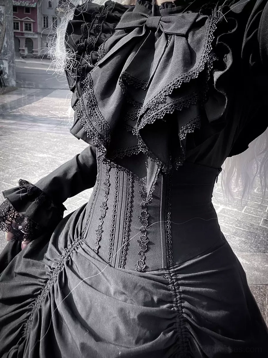 Gothic black lolita dress set detail perspective revealing corset waist structure, ruffled collar layering, and premium polyester construction
