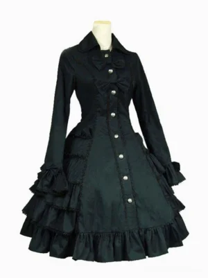 Gothic Lolita black dress medium-distance view showing fitted waist, pearl-style button details, layered ruffled cuffs and cascading skirt tiers on dress form