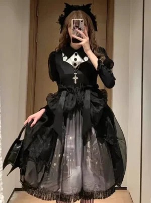 Gothic Lolita dress black floral print front mirror selfie view with cross hair accessory pointed collar puff sleeves