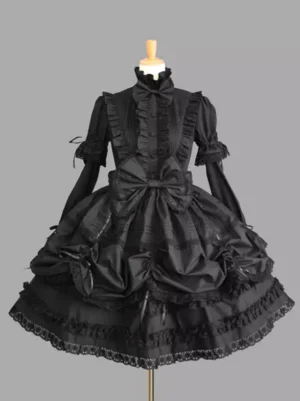 Gothic Lolita dress solid black front view long sleeves high ruffled collar large back bow lace trimmed skirt hem