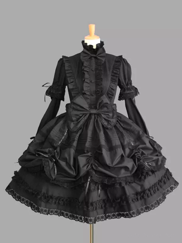 Gothic Lolita dress solid black front view long sleeves high ruffled collar large back bow lace trimmed skirt hem
