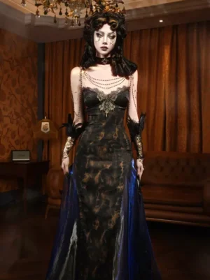 Gothic lolita black formal dress with lace bust trim blue sheer side panel body chain jewelry spaghetti strap sleeveless design vintage indoor styling
