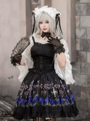 Side profile of gothic lolita black dress showcasing lace-up corset construction, ruffled flare sleeve inner white lace blouse, and detachable component design