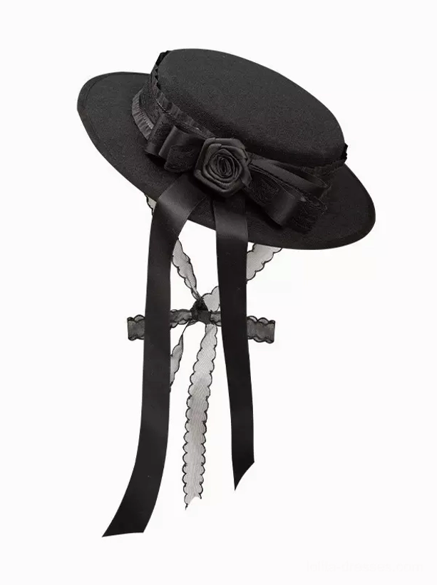 Black Gothic Lolita dress alternative angle showcasing long sleeves, square neckline, removable embroidered collar, and coordinating mini hat styling