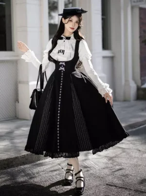 Gothic Lolita black suspender dress set with white ruffled blouse beret and bow cravat front full-body view outdoor
