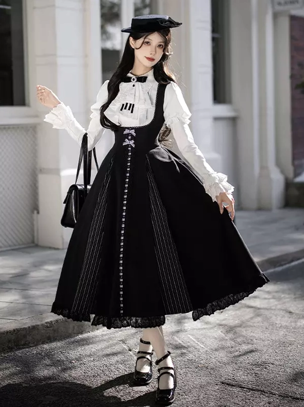 Gothic Lolita black suspender dress set with white ruffled blouse beret and bow cravat front full-body view outdoor