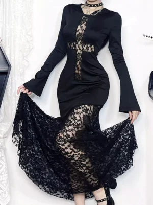 Gothic lolita black dress with sheer fishtail lace skirt showing lifted fabric to reveal intricate lace details cross panel front view