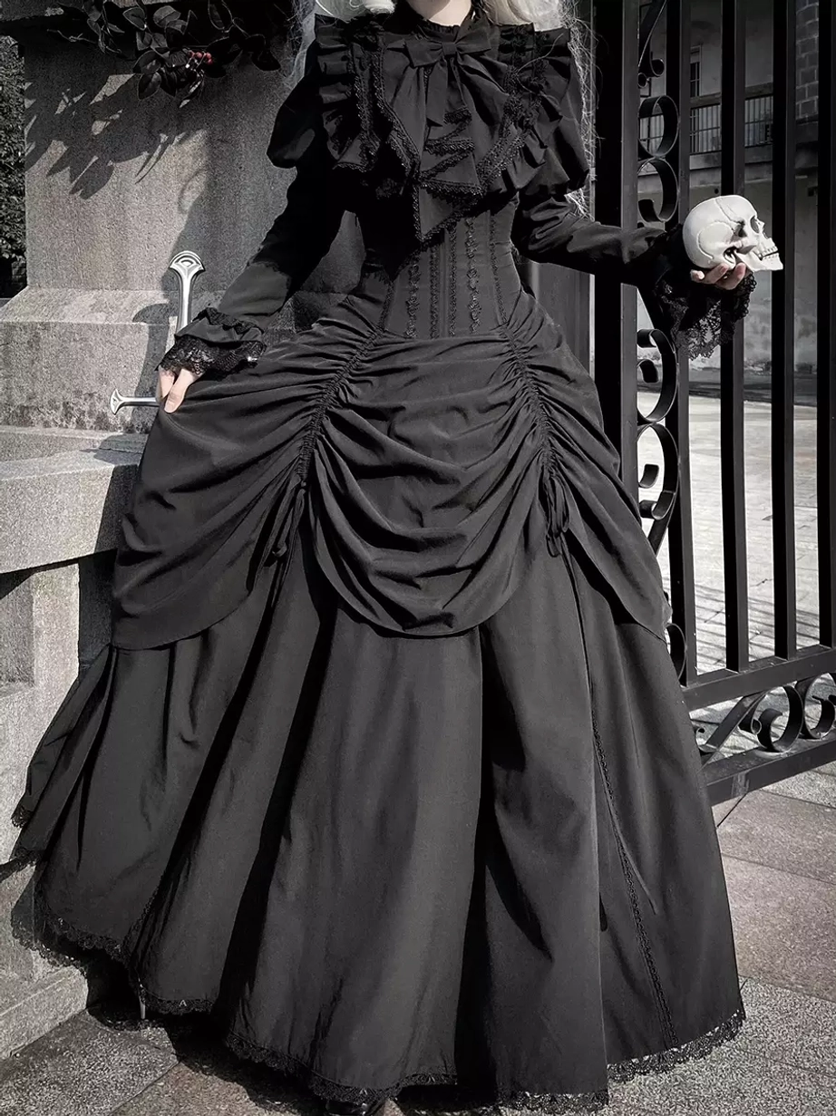 Gothic black lolita dress set side-front full-body view with high-waist ruched skirt, ruffled collar, and bishop sleeves