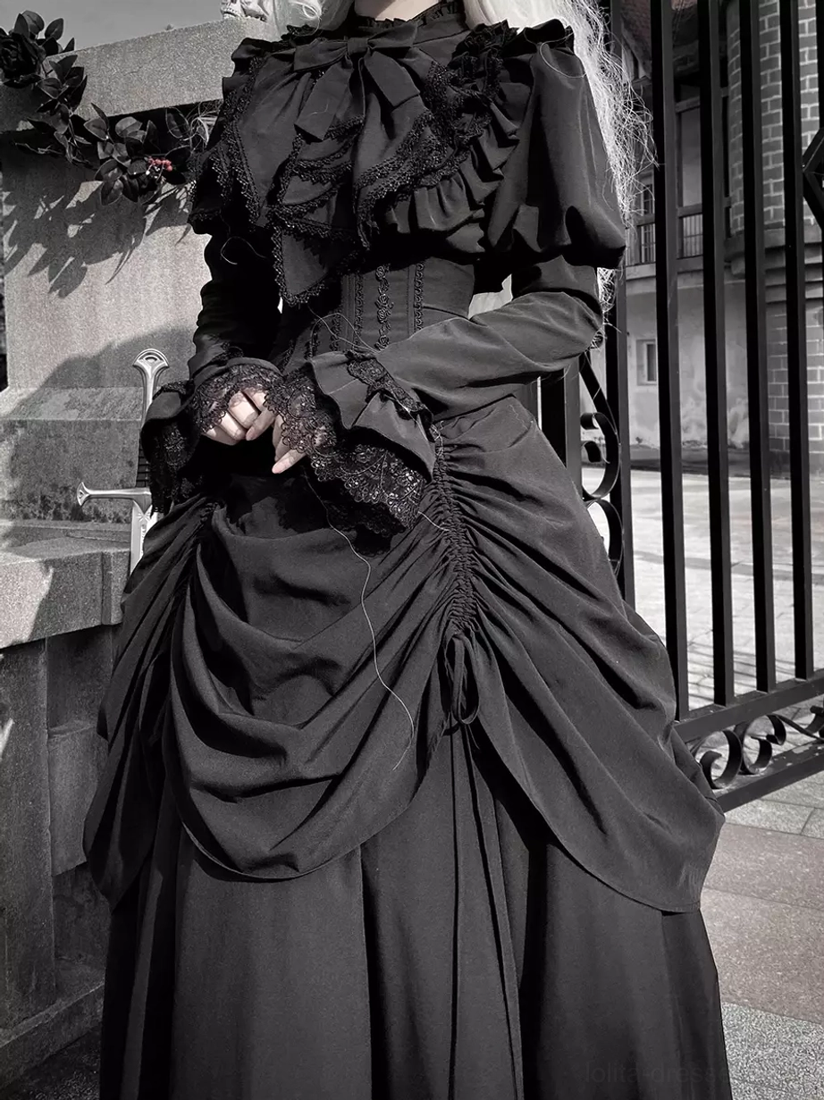 Gothic lolita dress set side profile showing corset waist, ruched skirt, lace-trimmed cuffs, and ruffled collar details
