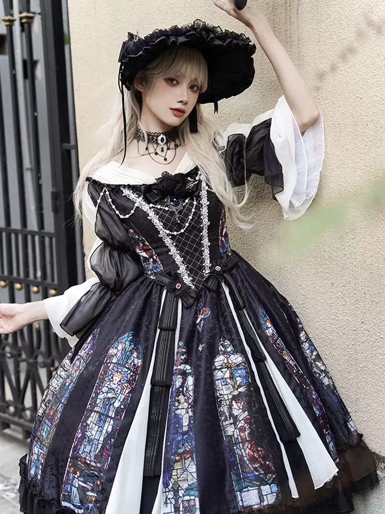 Gothic Lolita black dress three-quarter front pose showing square lace neckline pearl chain details stained glass print full length silhouette