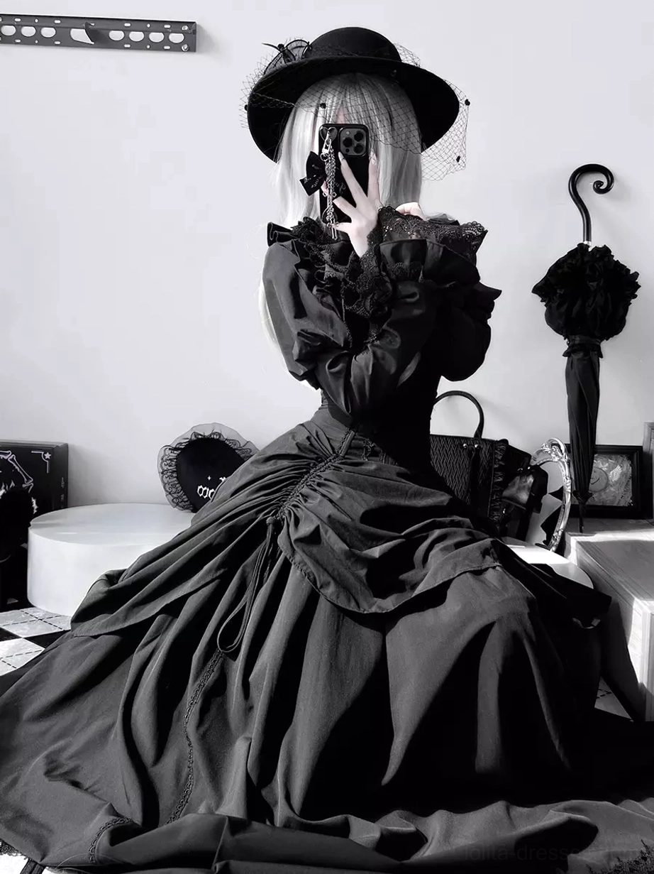 Gothic lolita dress set alternative styling showcase featuring black matte satin, structured ruching, and elegant silhouette elements