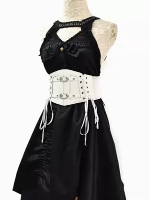 Black Gothic Lolita dress with white corset waist belt three-quarter angle showing chest bow and metal details