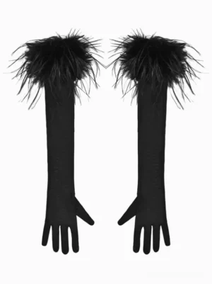 Black gothic lolita feather gloves front view flat lay with fluffy feather cuffs long arm coverage elegant formal accessory