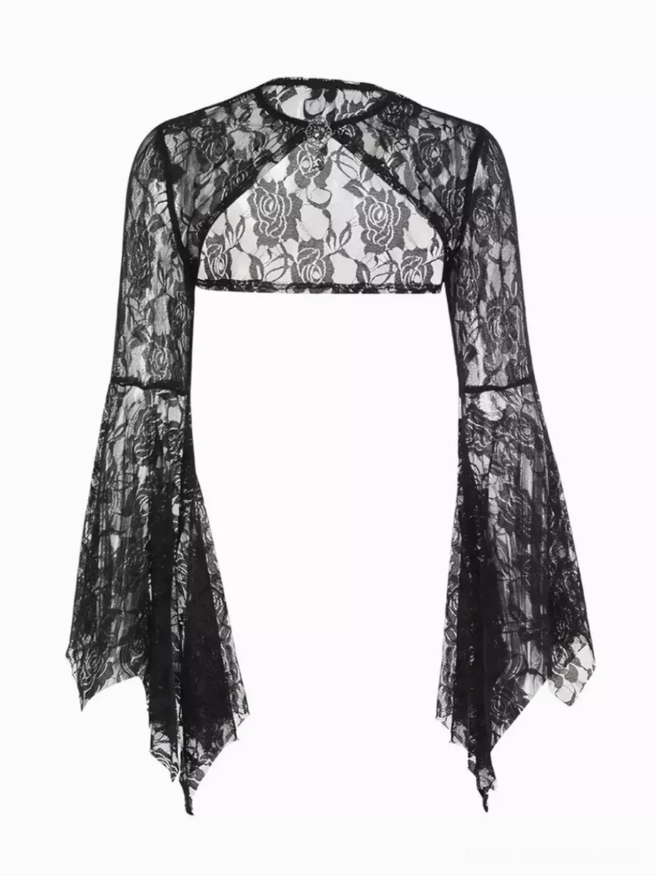 Black floral lace cropped bolero component of gothic lolita ensemble, flat lay display showing detailed lace pattern and high neck cutout