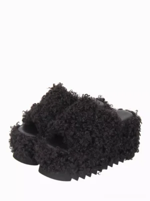 Gothic lolita black fluffy platform sandals three-quarter top-down view showing curly faux fur upper and serrated thick sole open toe design