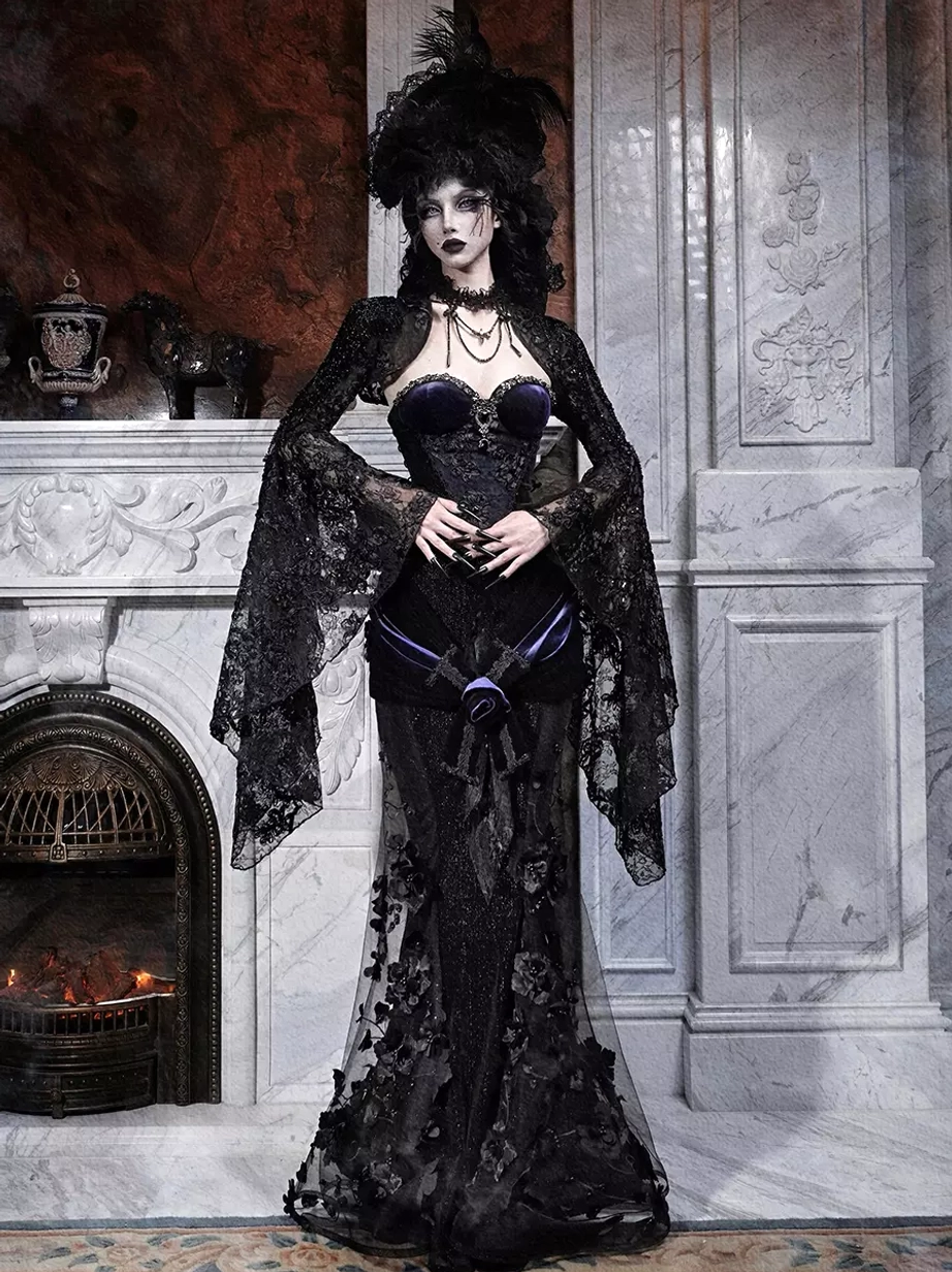 Black Gothic Lolita formal gown front standing view model hands on waist flared lace sleeves purple waist accents