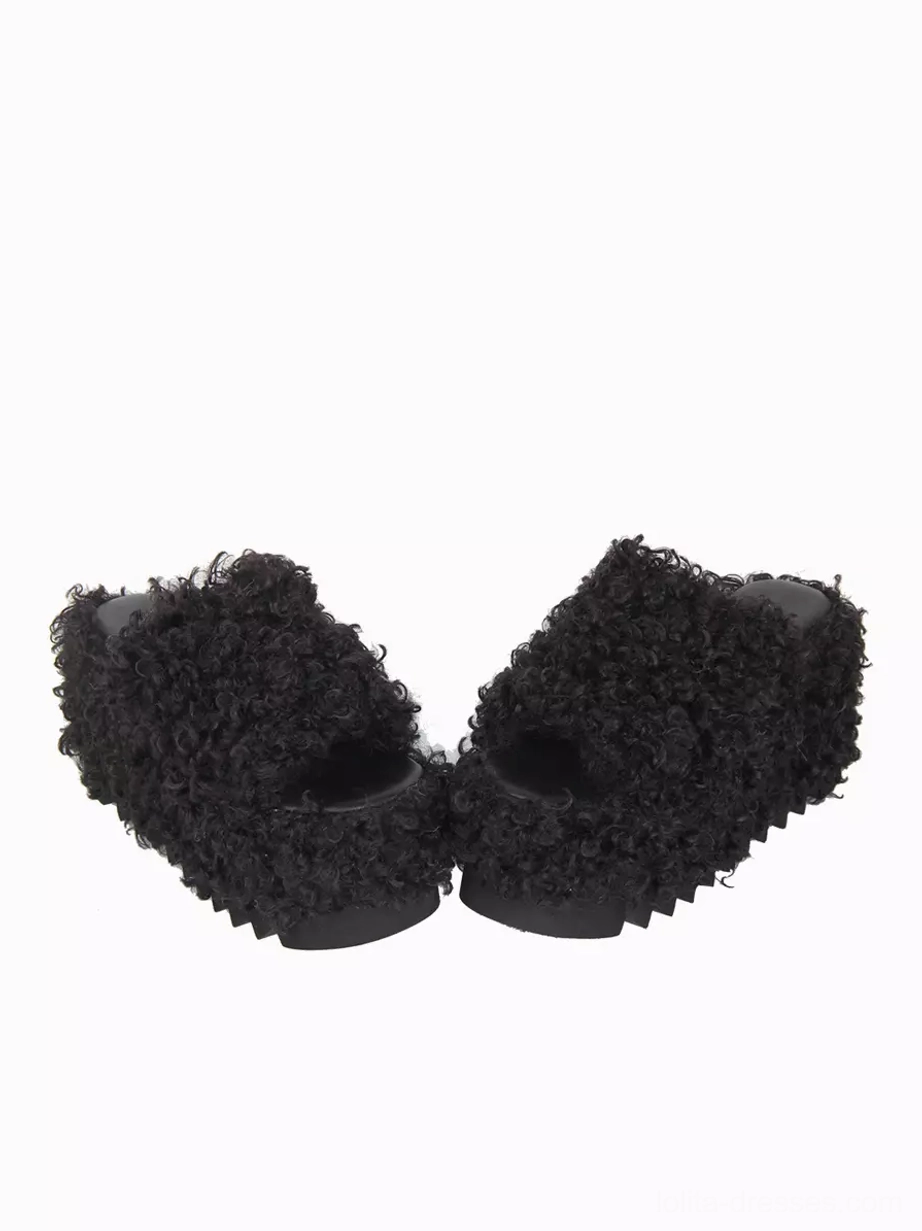 Gothic lolita black fluffy platform sandals rear three-quarter view paired shoes serrated outsole open slide design