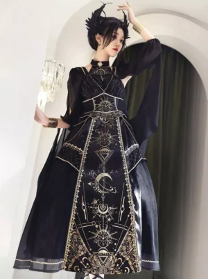 Gothic Lolita dress black gold celestial embroidery Queen Anne neckline sheer chiffon sleeves left three-quarter view model wearing horn headdress