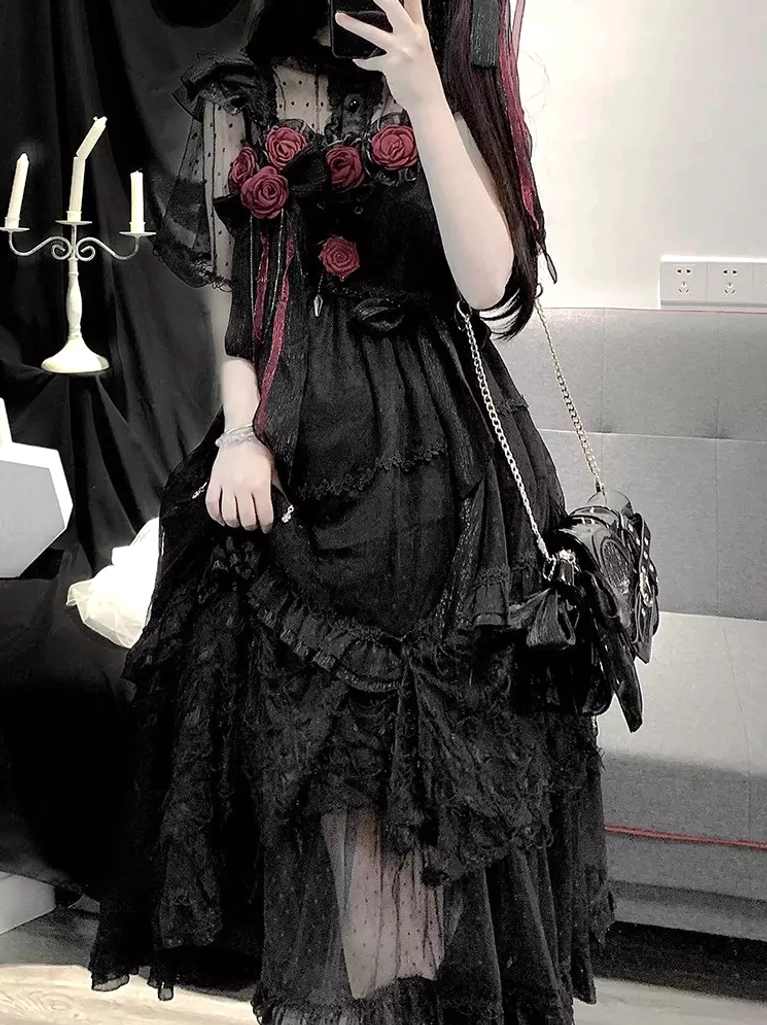 Gothic lolita black jsk dress half body mirror selfie with sheer mesh overlay and ruffled waist trim detail