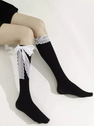 black knee-high socks lace ruffle cuff detachable bow strap gothic lolita side leg profile