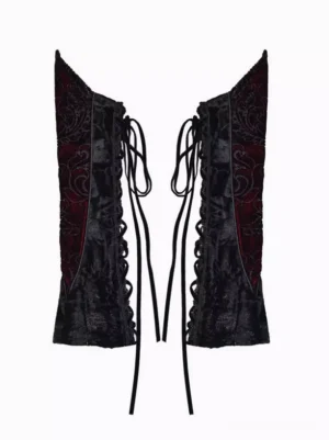 Black gothic lolita lace arm covers with floral embroidered texture and burgundy undertones, displayed flat lay on white background showing intricate lace-up drawstring detail and adjustable design