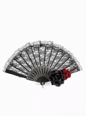 Black lace Gothic fan front view displaying gold carved central frame and black red rose decorations, lolita accessory close-up