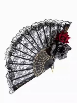 Gothic Lolita black lace folding fan with red velvet roses and gold embossed frame, shown from oblique top view on white background