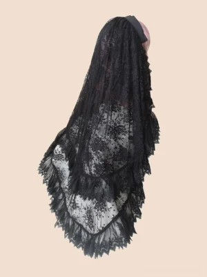 Gothic lolita black jacquard lace nun veil headdress with ruffled hem, rear view on mannequin head displaying intricate floral lace pattern and structured black headband