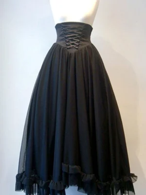 Black Gothic Lolita high-waisted lace-up skirt front view flat display, featuring corset waistband, full tulle silhouette, and layered ruffled hem on mannequin