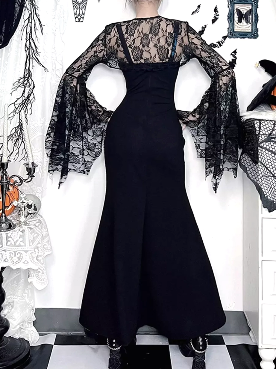 Black gothic lolita mermaid dress back view displaying fitted silhouette solid black mermaid skirt and elegant lace flare sleeves