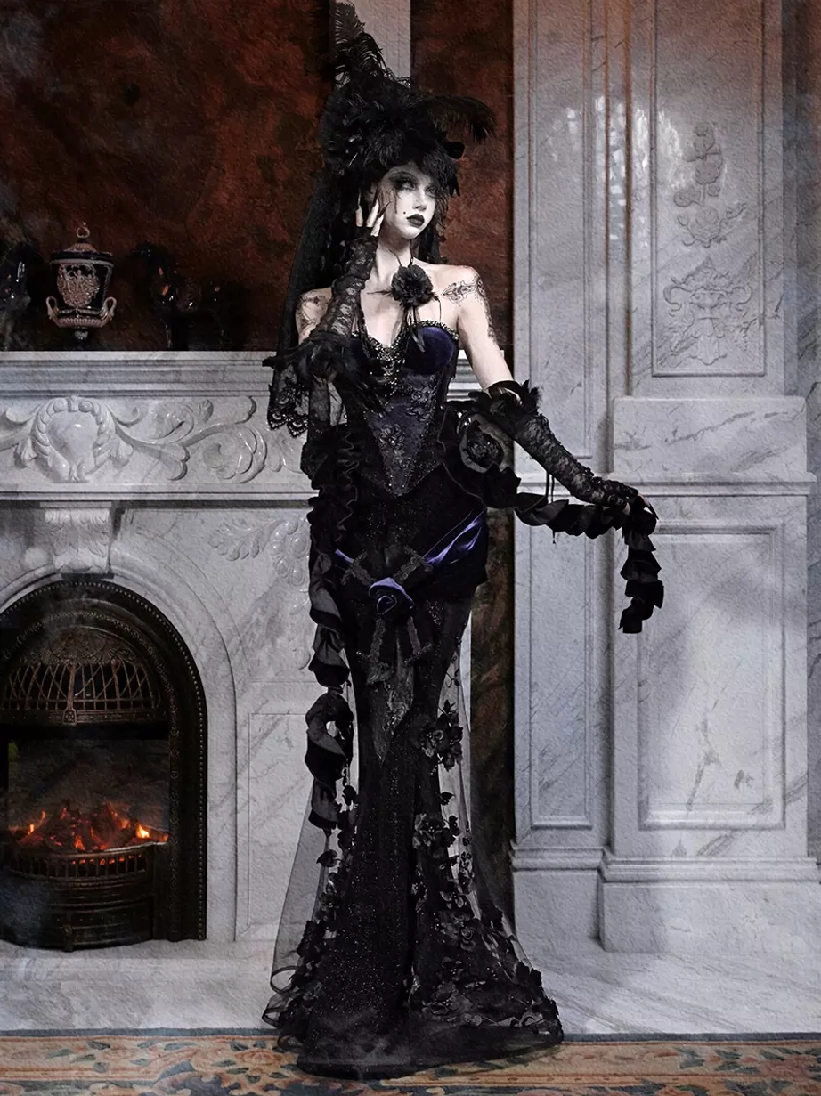 Gothic Lolita black mermaid dress full front standing view model with gothic headpiece sheer mesh overlay structured corset