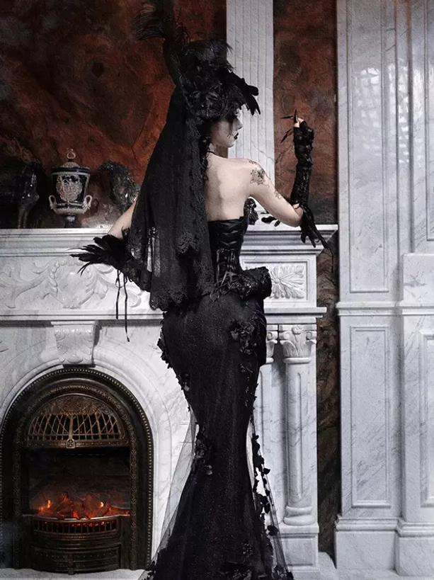 Gothic Lolita black mermaid skirt back view backless design sheer veil headpiece mermaid silhouette