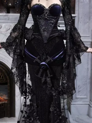 Gothic Lolita black mermaid skirt with embroidered lace detail front close-up showing velvet corset top and layered lace