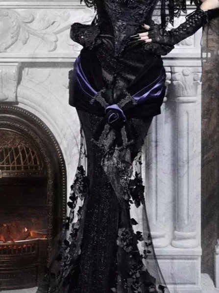 Gothic Lolita black mermaid skirt size chart measurements waist hip length polyester lace fabric