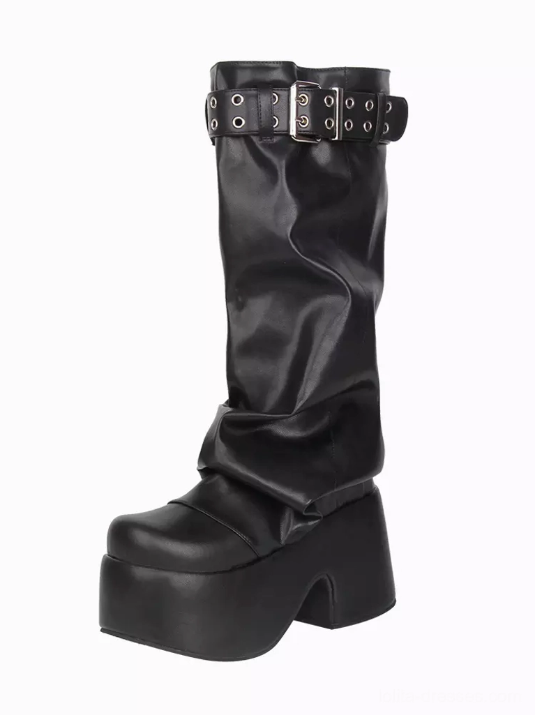 Single gothic Lolita black platform boot left side view slim buckle strap slouchy PU upper block platform heel