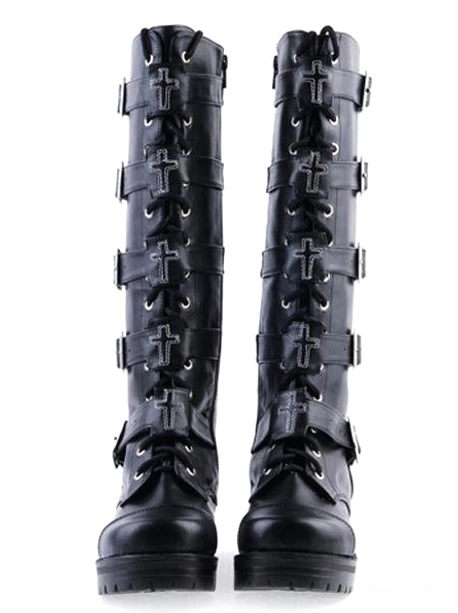 paired gothic combat knee-high boots front rear-panel view displaying crisscross back laces and buckle strap system