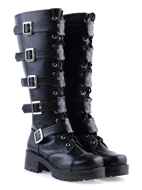 gothic knee-high boots mixed side and inner panel view displaying lace-up closure buckle strap details