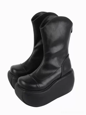 Black Gothic Lolita platform boots with round toe and wedge heel, left three-quarter view showcasing smooth PU leather and substantial platform sole
