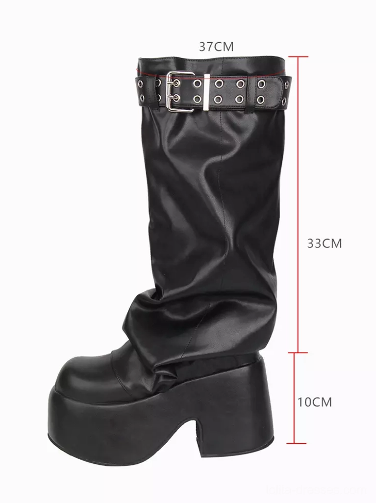 Gothic Lolita black platform boots side view single boot showing slouchy cuff metal buckle strap detail and chunky heel