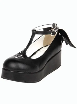 Black Gothic Lolita platform Mary Jane shoes with evil wing heel decoration and cross toe detail side front view