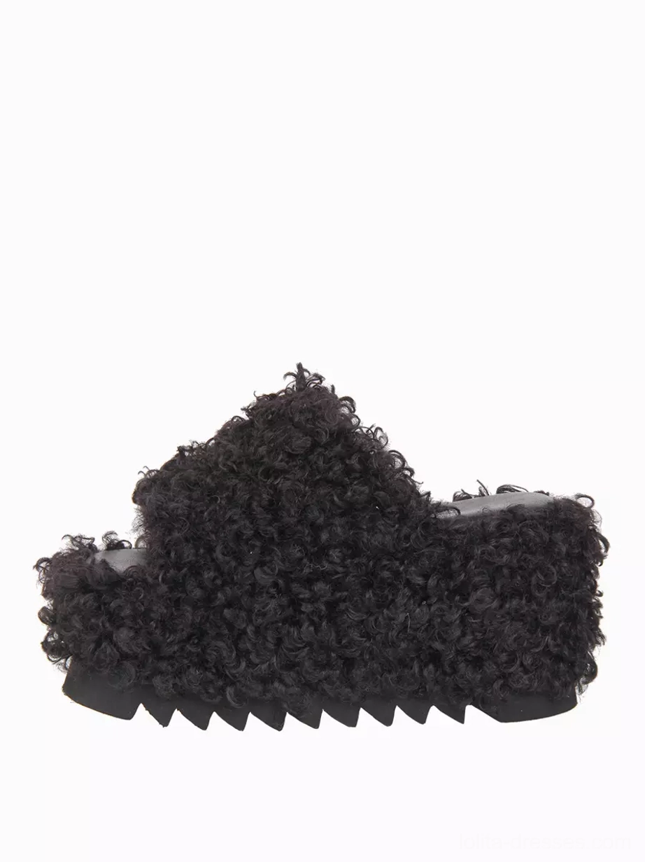 Gothic lolita black fluffy platform slide sandals side profile single pair display serrated thick sole chunky heel